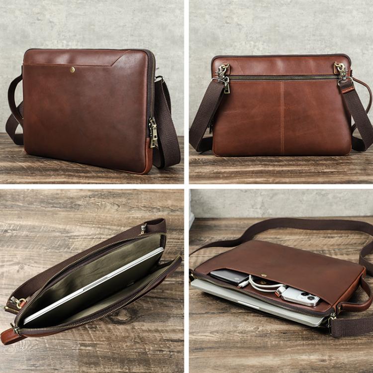 CONTACTS FAMILY 14.2 Inch Crazy Horse Leather Messenger Bag Vintage Crossbody Laptop Briefcase, For Macbook Pro 14.2 Inch