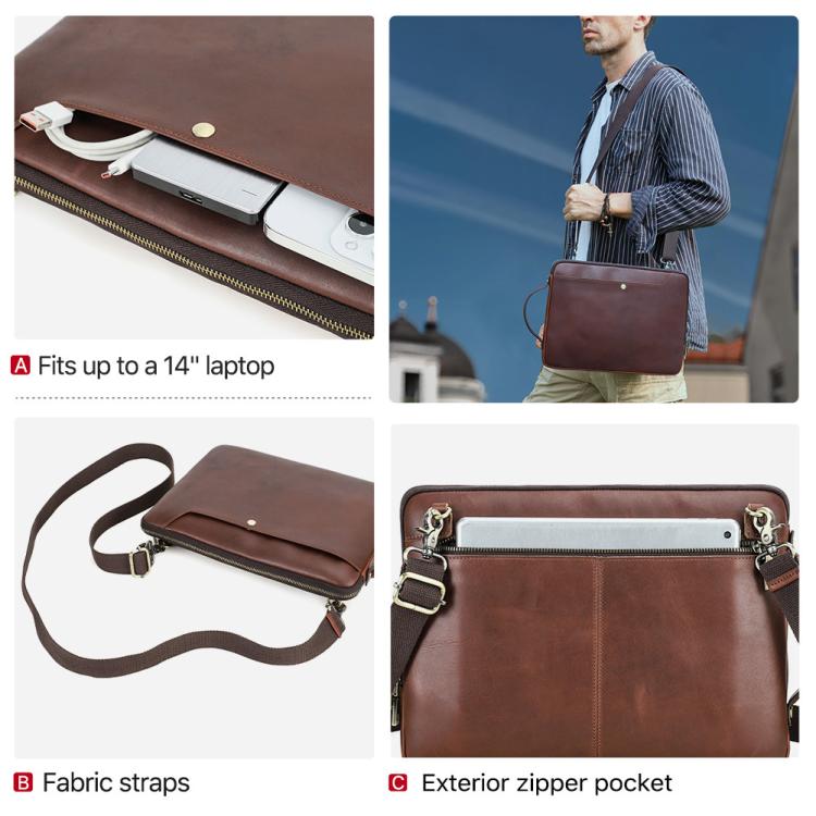 CONTACTS FAMILY 14.2 Inch Crazy Horse Leather Messenger Bag Vintage Crossbody Laptop Briefcase, For Macbook Pro 14.2 Inch