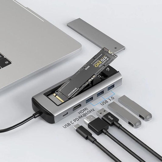6-In-1 Type-C/USB-C To PD+HDMI (4K 30hz) +USB3.0 X 3+SATA/NVME SSD Docking Station, 6-In-1 SATA/NVME
