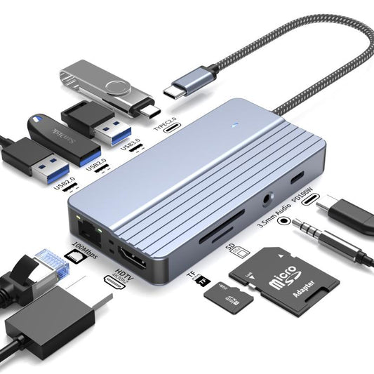 10-In-1 USB-C/Type-C Hub With 100W Power Delivery, HDMI 4K 30Hz, USB 3.0/2.0 Ports, SD/TF Card Reader, 100Mbps Ethernet & Audio Jack, 10 In 1
