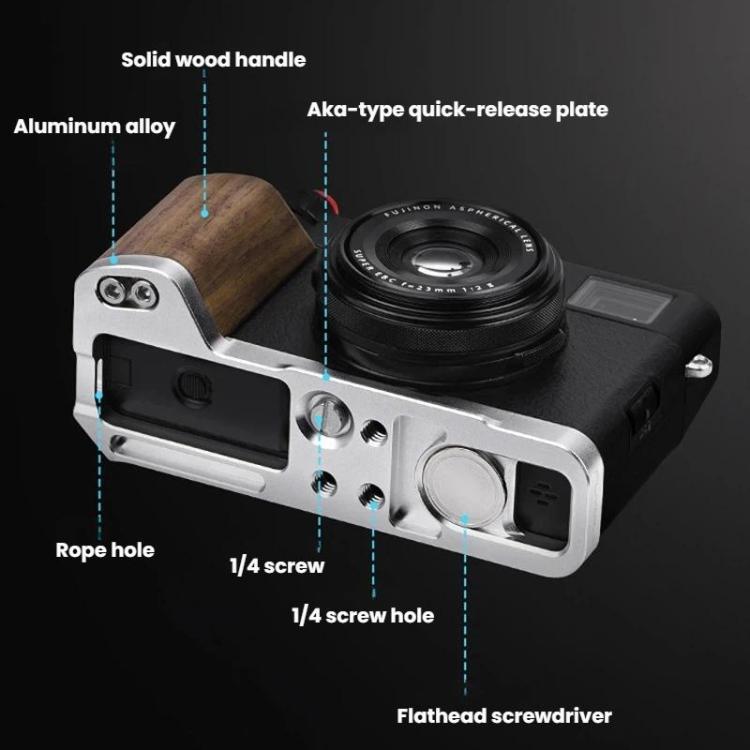 For Fujifilm X100VI Flymile Camera L-Shaped Handgrip With Cold Shoe Thumb Rest Bracket, For Fujifilm X100VI Silver Walnut, For Fujifilm X100VI Black Ebony