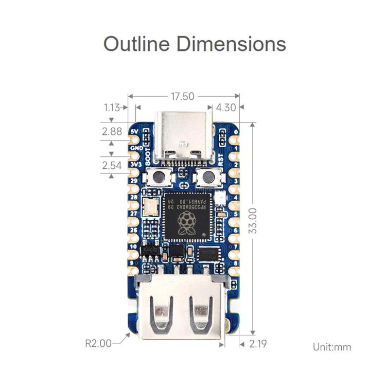 Waveshare 30274 RP2350A USB Mini Development Board 150MHz Operating Frequency, 30274