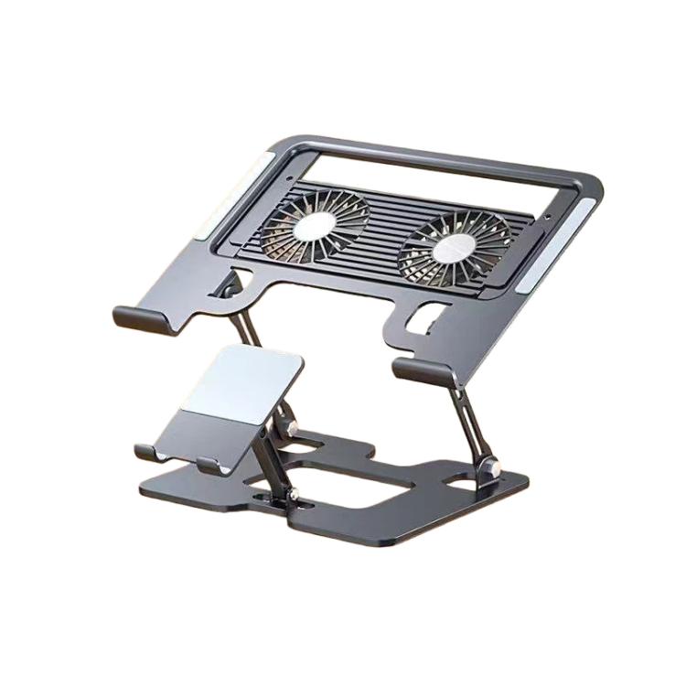 2-in-1 Foldable Laptop Tablet Stand Riser with Phone Holder, Fan Type Black
