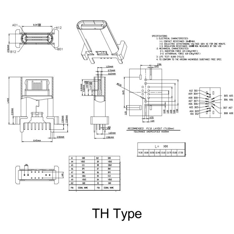 10pcs 16-Pin USB Type-C Female Connector PD Fast Charge Port, TH 9.3mm, TH 10.0mm, TH 10.5mm, TH 13mm, TH 13.7mm, TH 15mm, TH 16.5mm, TH 17.5mm, TH 18.5mm, SMT 9.3mm, SMT 13.0mm, SMT 13.7mm, SMT 15.0mm, SMT 17.5mm, SMT 18.5mm