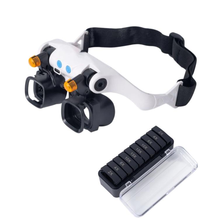 USB Rechargeable Headband Magnifier With 5 Interchangeable Lens Pairs 2X 4X 6X 10X 13X And Dual LED Lights, RJS223-21SXC