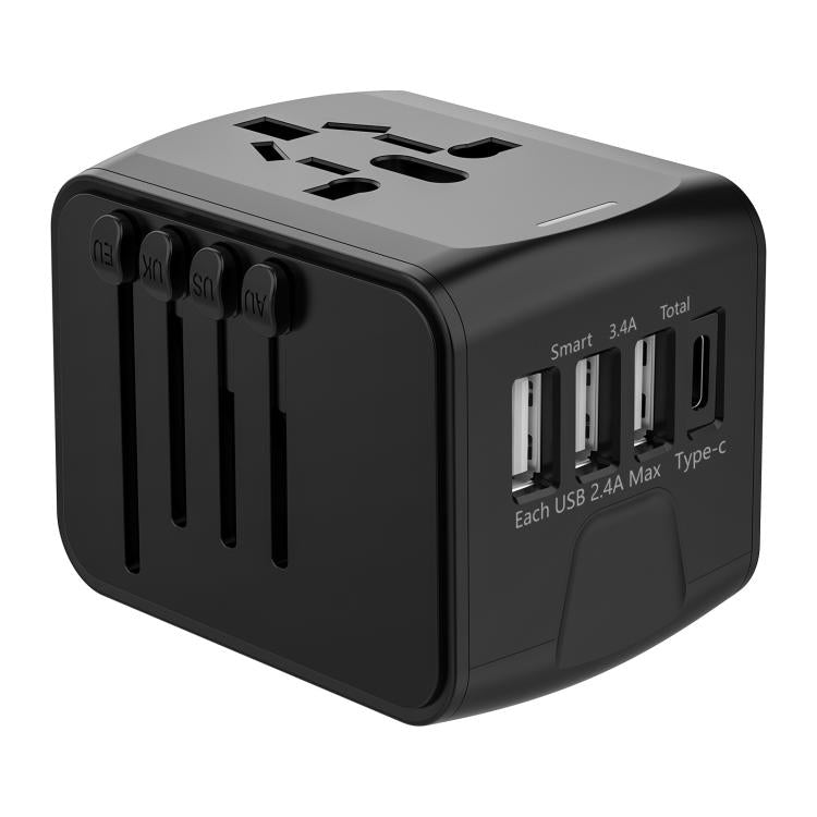 Travel Adapter 3 USB+Type-C Universal Socket Multi-Function Charger, US/EU/UK/AU Plug, 199T-3U