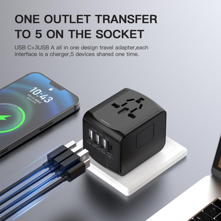 Travel Adapter 3 USB+Type-C Universal Socket Multi-Function Charger, US/EU/UK/AU Plug, 199T-3U