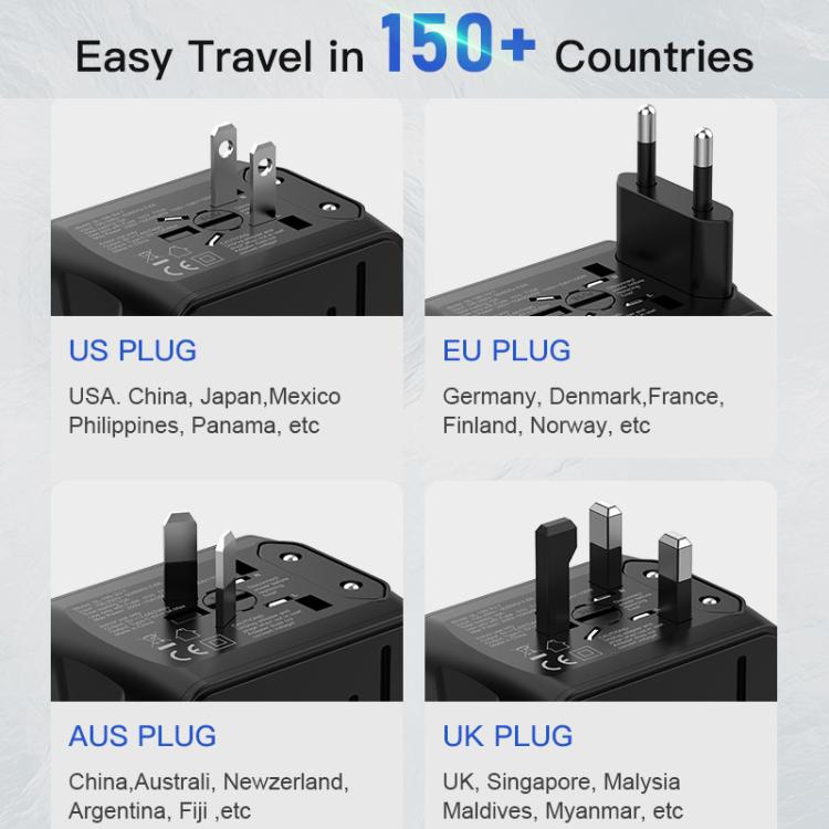 Travel Adapter 3 USB+Type-C Universal Socket Multi-Function Charger, US/EU/UK/AU Plug, 199T-3U