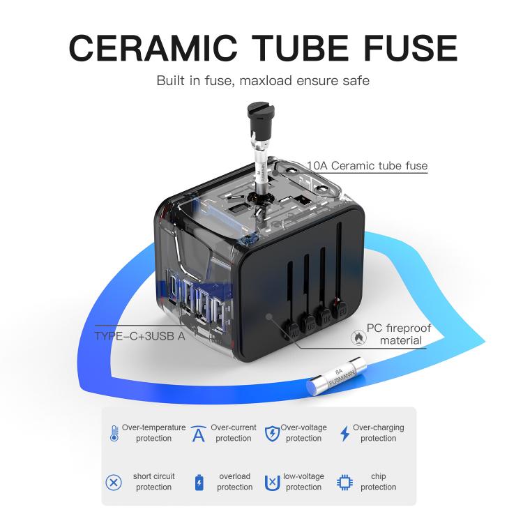Travel Adapter 3 USB+Type-C Universal Socket Multi-Function Charger, US/EU/UK/AU Plug, 199T-3U