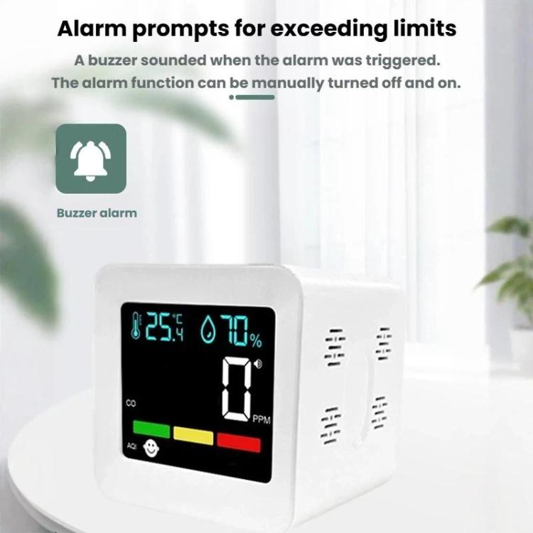 5-in-1 Plug-in Air Quality Monitor CO Combustible Gas AQI Temperature Humidity Detector with Alarm, DM296