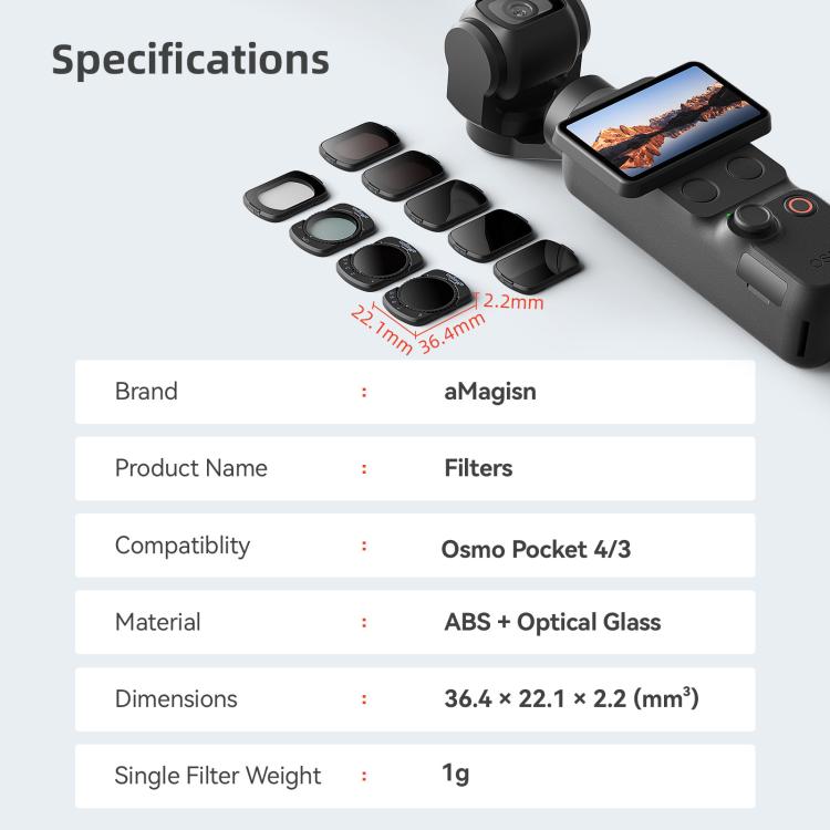 For DJI Osmo Pocket 4 / 3 aMagisn Magnetic Lens Filter, Adjustable CPL, VND  1-5 Stop, VND 6-10 Stop, Black Mist 1/4, ND1000