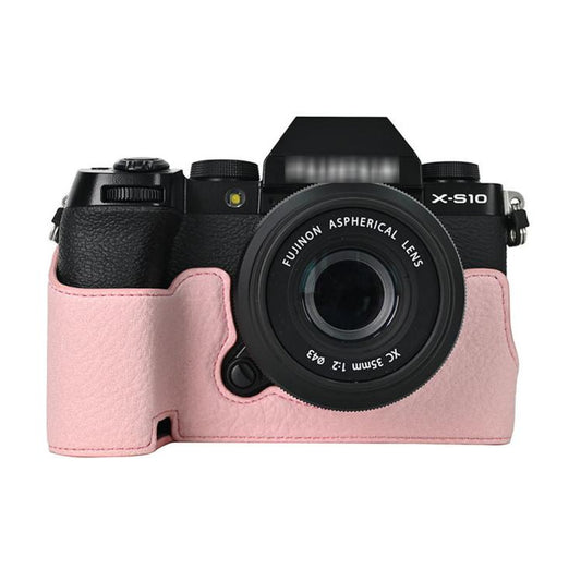 For Fujifilm X-S10 PU Leather Camera Half Case Vintage Litchi Pattern Protective Bottom Base With Magnetic Battery Access