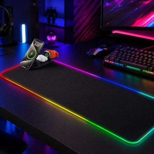 3 In 1 Magnetic Wireless Charging Station RGB Mouse Pad 15W Fast Wireless Charger Desk Mat For Phone, Watch, AirPods