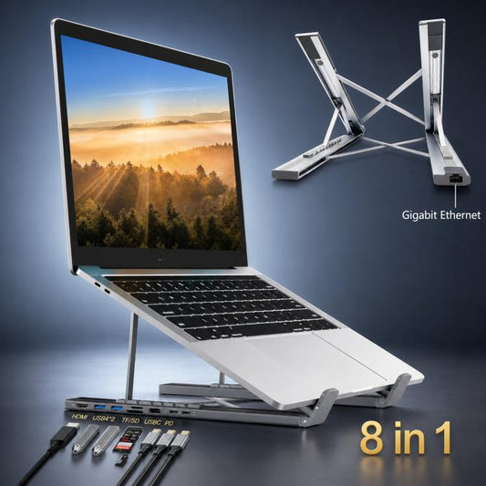 8-In-1 Laptop Stand With USB-C Hub Laptop Riser With Gigabit Ethernet, 4K HDMI, 2 USB 3.0, SD/TF, 100W PD, Foldable Portable Docking Station