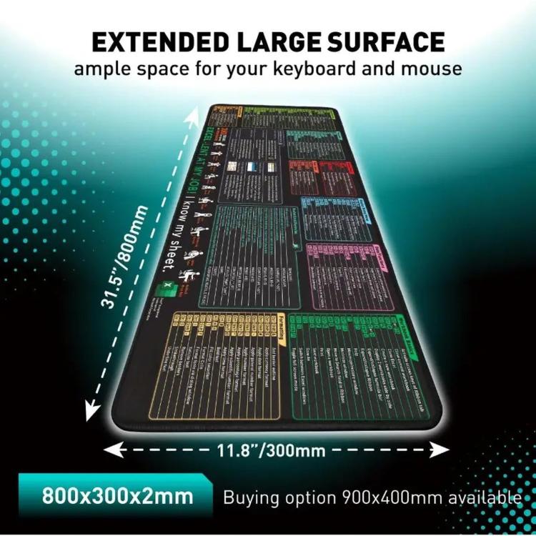 Large Shortcut Keys Mouse Pad Multi-Language Options Available Fray-Free Stitched Edges Keyboard Pad, 400x800x2mm, 400x800x3mm, 400x900x2mm, 400x900x3mm