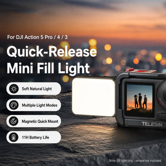 For DJI Action 5 Pro/4/3 TELESIN Quick-Release Mini Vlog Fill Light, IPX5 Waterproof Magnetic LED Video Light With 3 Color Temps, For DJI Action 5 Pro/4/3