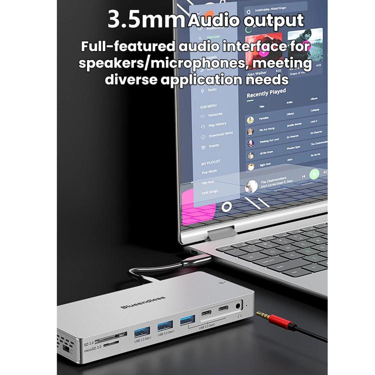 Blueendless Desktop Type-C Docking Station With 4K 60Hz Gigabit Ethernet USB 3.2 Ports, 14 in 1 Gray
