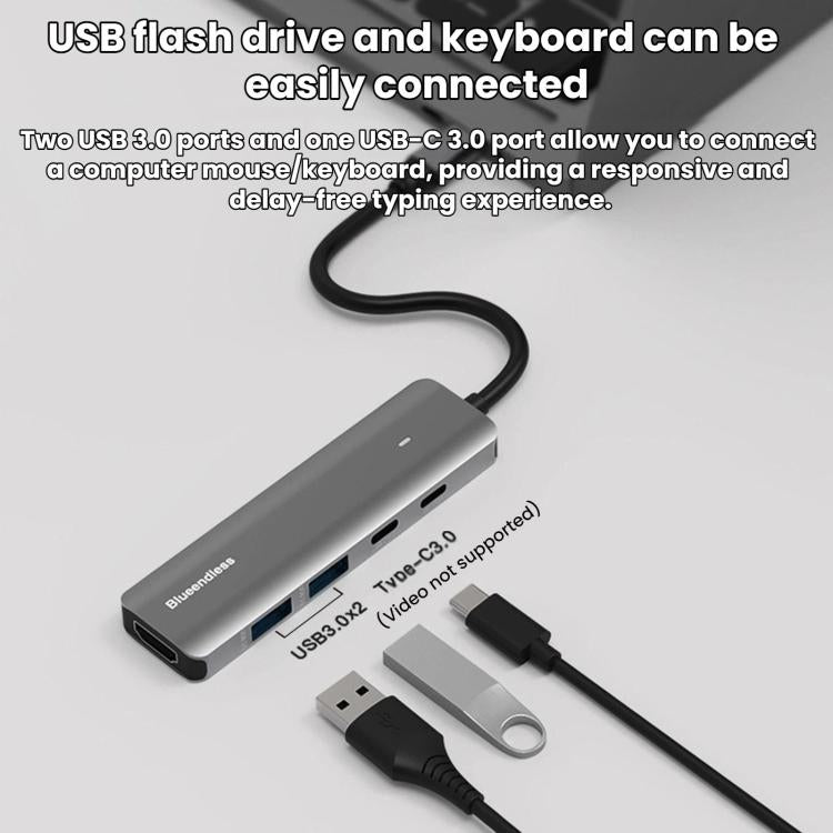 Blueendless HDMI 4K 60Hz Converter Type-C Dock, 5 in 1 USB 3.0 x 2)
