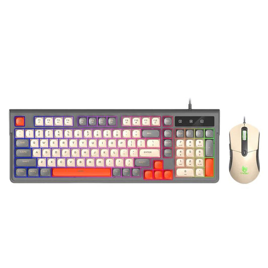 T-WOLF TF330 Wired Keyboard And Mouse Combo 3-Color Block Retro Gaming Keyboard With 98-Key Compact Layout, RGB Backlit