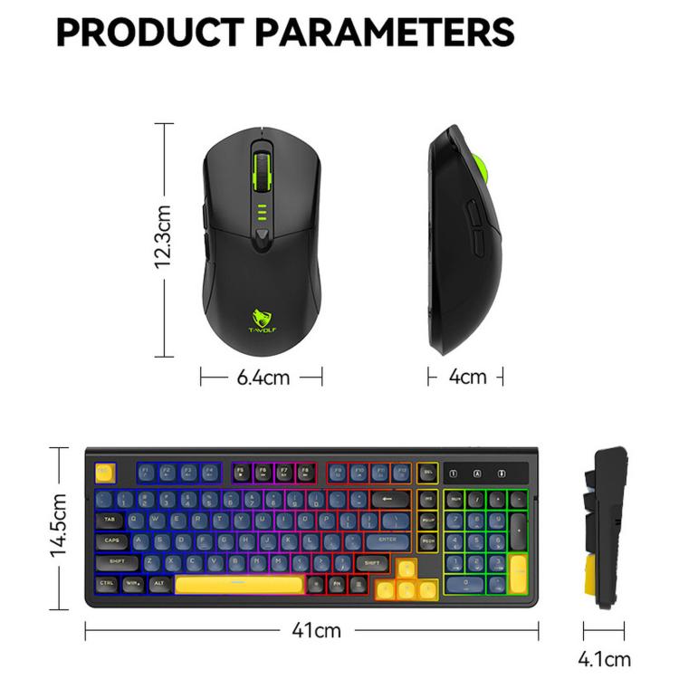 T-WOLF TF300 Rechargeable Wireless Keyboard and Mouse Combo 2.4G/Bluetooth Dual Mode 98-Key Compact Keyboard with Mixed-Color Backlit