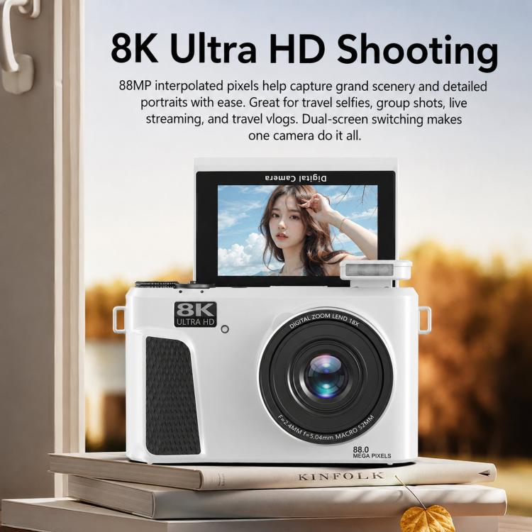8K Digital Camera With 3.0 Inch IPS Screen 18X Zoom Auto Focus WiFi Micro Camera, White No Memory Card, Black No Memory Card, Pink No Memory Card, White 32GB Memory Card+USB Card Reader, Black 32GB Memory Card+USB Card Reader                           ...