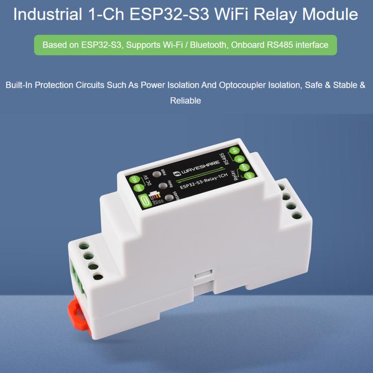 Waveshare 32152 Industrial 1-Channel ESP32-S3 WiFi Relay Module Supports WiFi / Bluetooth / RS485 Control, 32152