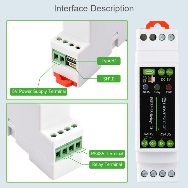 Waveshare 32152 Industrial 1-Channel ESP32-S3 WiFi Relay Module Supports WiFi / Bluetooth / RS485 Control, 32152
