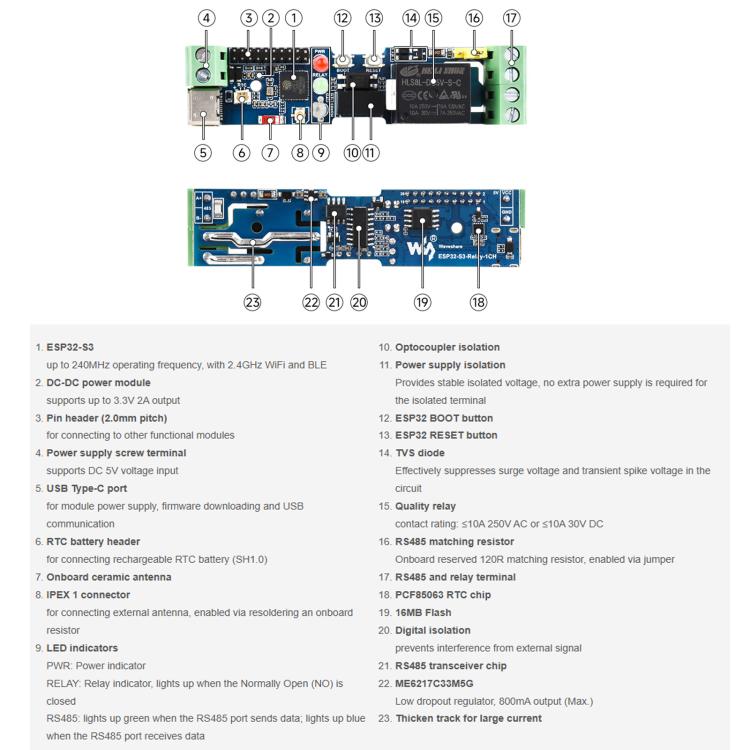 Waveshare 32152 Industrial 1-Channel ESP32-S3 WiFi Relay Module Supports WiFi / Bluetooth / RS485 Control, 32152