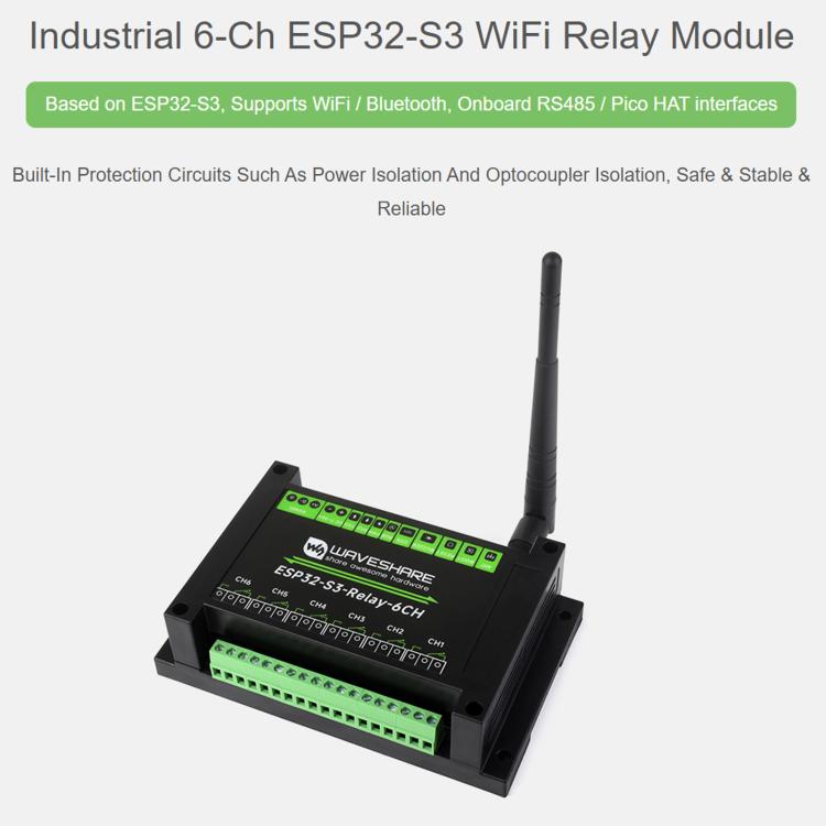 Waveshare 26756 Industrial 6-Channel ESP32-S3 WiFi Relay Module Supports WiFi / Bluetooth / RS485 control, 26756