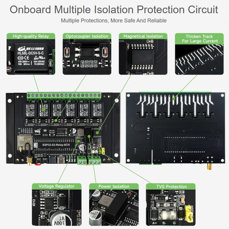 Waveshare 26756 Industrial 6-Channel ESP32-S3 WiFi Relay Module Supports WiFi / Bluetooth / RS485 control, 26756