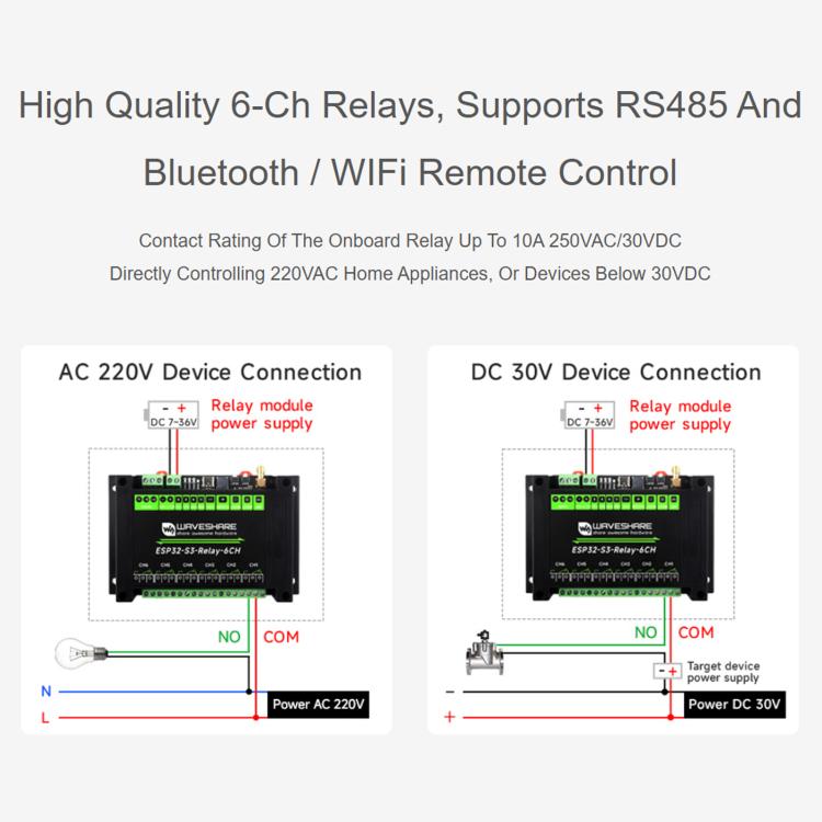 Waveshare 26756 Industrial 6-Channel ESP32-S3 WiFi Relay Module Supports WiFi / Bluetooth / RS485 control, 26756
