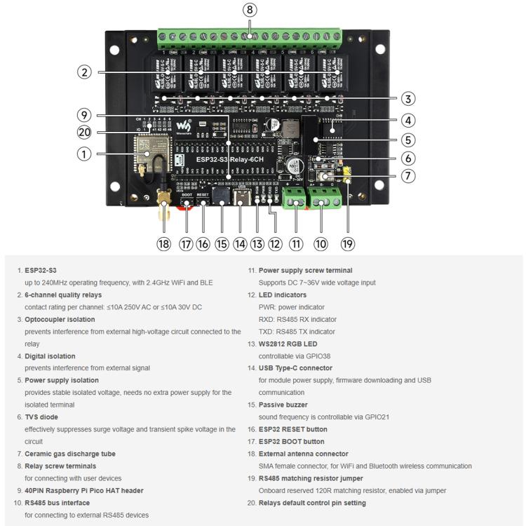 Waveshare 26756 Industrial 6-Channel ESP32-S3 WiFi Relay Module Supports WiFi / Bluetooth / RS485 control, 26756