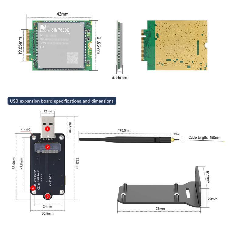 Yahboom SIM7600G-H-M2 Global Band 4G LTE Cat4 Cellular Module, Module Only, with Dual Antennas, with Antennas & USB Expansion Board, Telemetry Kit