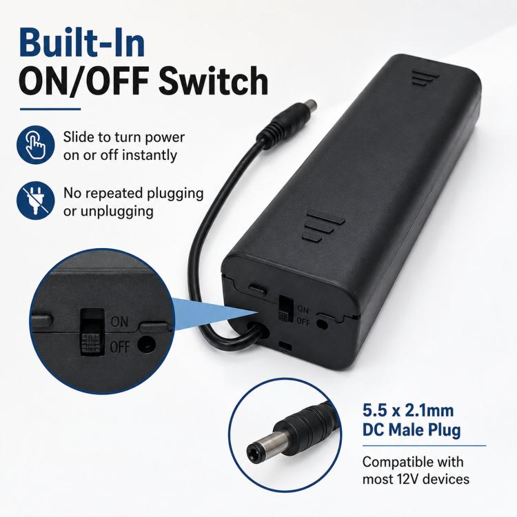 8 AA Battery Holder with ON/OFF Switch 12V Portable Double A Battery Case with 5.5mm x 2.1mm DC Male Plug, 8 AA 12V Square