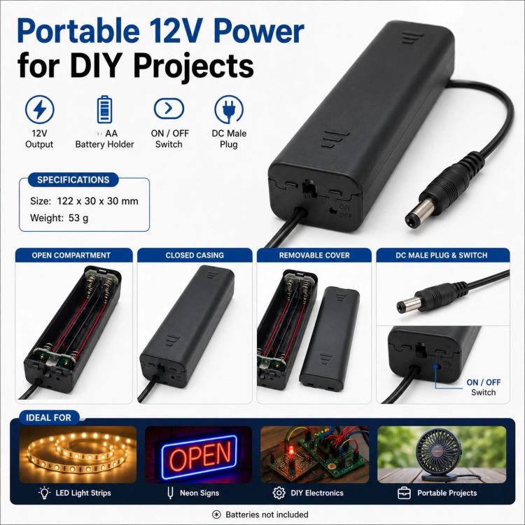 8 AA Battery Holder with ON/OFF Switch 12V Portable Double A Battery Case with 5.5mm x 2.1mm DC Male Plug, 8 AA 12V Square