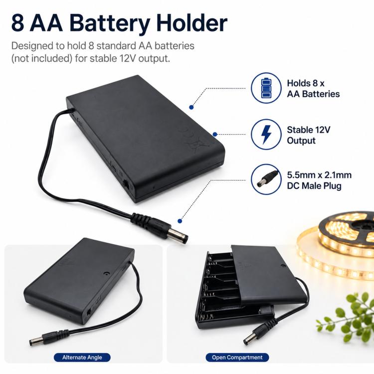 8 AA Battery Holder with Cover and ON/OFF Switch Flat 12V Battery Case with 5.5mm x 2.1mm DC Male Plug, 8 AA 12V Flat