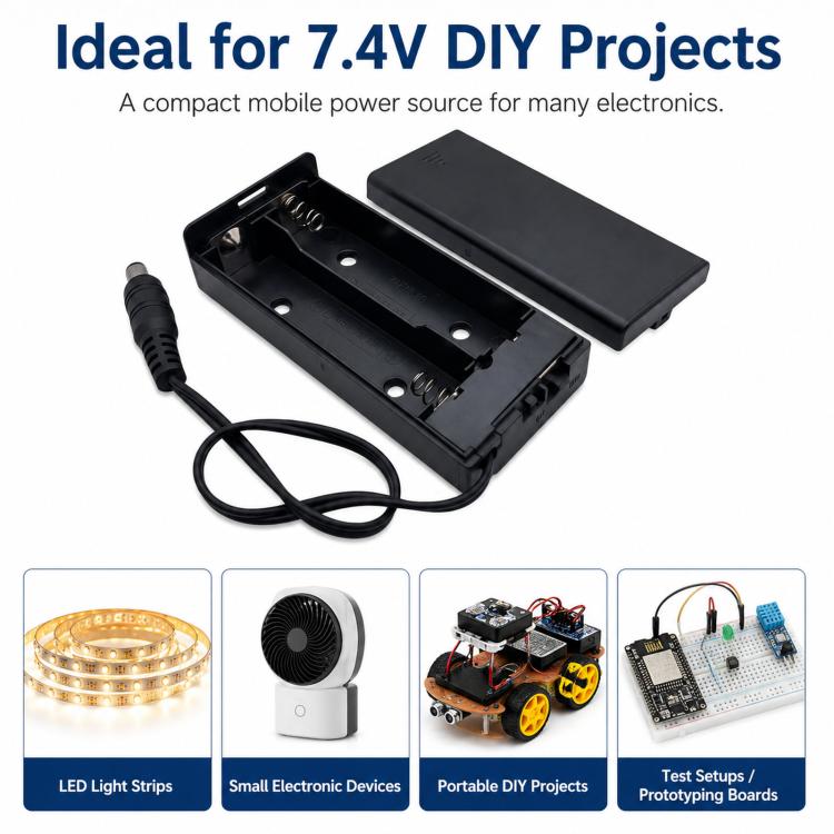 2 Slot 18650 Battery Holder with Cover and Switch 7.4V Battery Case with 5.5mm x 2.1mm DC Male Plug, 2 Slot 18650