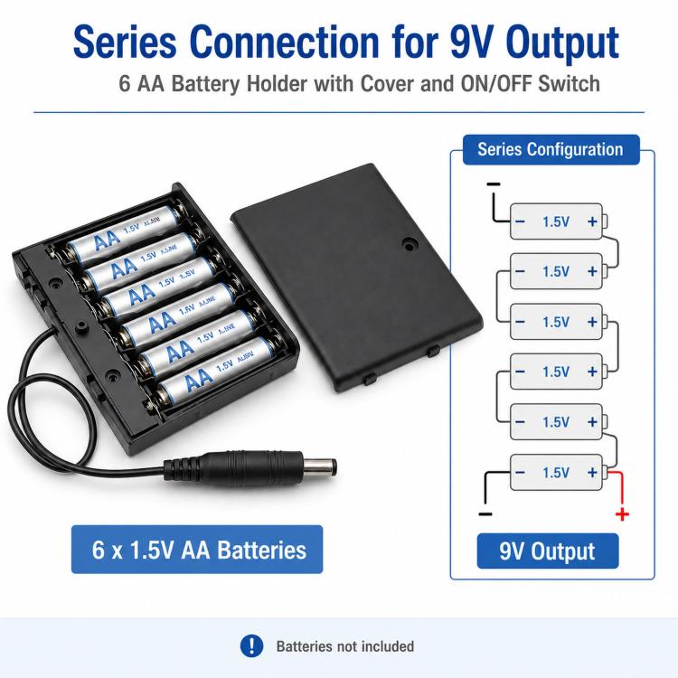6 AA 9V Battery Holder with Cover and ON/OFF Switch Double A Battery Case with 5.5mm x 2.1mm DC Male Plug, 6 AA 9V