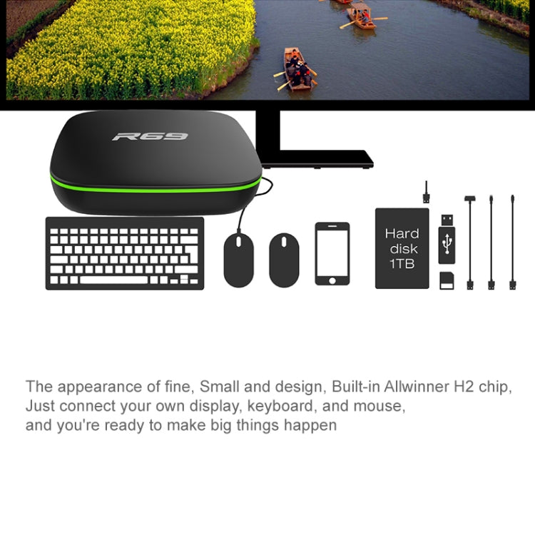 R69 1080P HD Smart TV BOX Android 4.4 Media Player with Remote Control, Quad Core Allwinner H3, RAM: 1GB, ROM: 8GB, 2.4G WiFi, LAN, EU Plug, 1GB+8GB